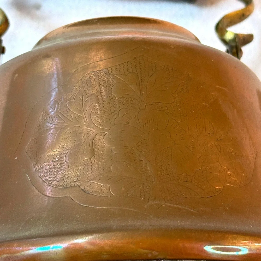 Vintage MCM Copper Tea Kettle Etched Floral Swan Spout Wood Handle‎ Rustic Decor